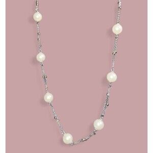 Faux Pearl Double Chain Silver Tone Necklace - 36”